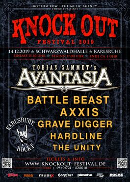 Poster Knock Out Festival 2019 - Tobi Sammet's Avantasia, Battle Beast, Axxis, Grave Digger, Hardline, The Unity