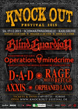 Poster Knock Out Festival 2015 - Blind Guardian, Operation Mindcrime, DAD, Rage meets Refuge, Axxis, Orphaned Land